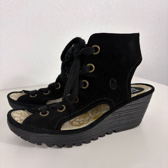 Fly London Black Suede Cutout Side & Open Toe Wedge Sandals Size 10-10.5 - Picture 3 of 12